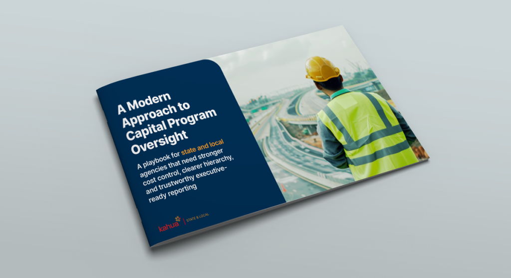 A booklet with a cover image of a construction worker in a yellow vest and helmet looking at a highway, titled A Modern Approach to Capital Program Oversight with additional descriptive text.