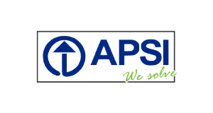APSI logo with a blue upward arrow inside a circle, next to APSI in blue letters, and the words We solve in green cursive below the text.