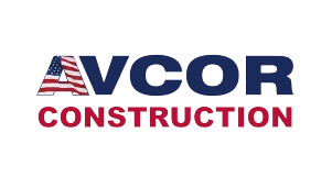 AVCOR Construction logo with A filled with the American flag pattern, VCOR in dark blue, and CONSTRUCTION in red capital letters below.