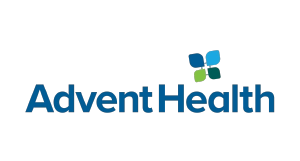 AdventHealth logo with four-leaf graphic in blue and green above the blue text AdventHealth on a light gray background.