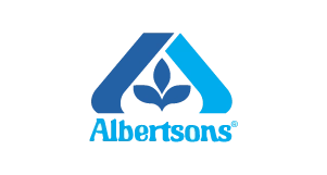 Albertsons logo featuring a blue stylized A with a leaf design in the center, and the word Albertsons written below in blue text.
