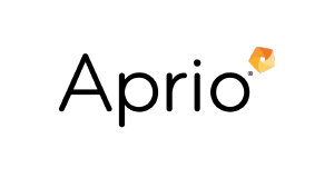The image shows the word Aprio in black text on a light background, with an orange geometric hexagon design above the letter o..