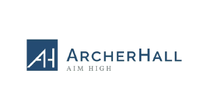 Blue and white ArcherHall logo with stylized AH in a square, ARCHERHALL in bold text, and AIM HIGH below in smaller light gray letters on a white background.