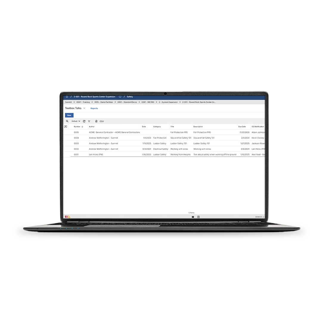 A laptop displaying a spreadsheet-like application with several rows and columns of text, including names, dates, and descriptions, on a white background.