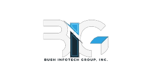 Logo for Bush Infotech Group, Inc. featuring stylized letters BIG in blue and black, with geometric shapes and clean lines on a light background. The company name appears below the main design.
