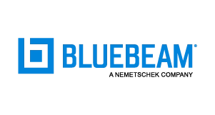 Bluebeam logo in blue text, featuring a square icon with a smaller square inside it. Below Bluebeam, it reads A Nemetschek Company in smaller, black text.