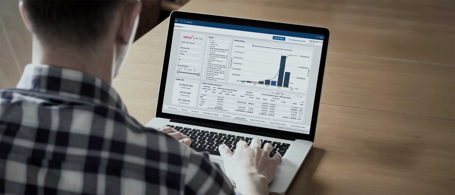 A person in a plaid shirt uses a laptop displaying data charts, graphs, and tables on the screen, while seated at a wooden table.