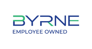 Logo with the word BYRNE in blue and green stylized letters, above the words EMPLOYEE OWNED in blue capital letters on a light background.