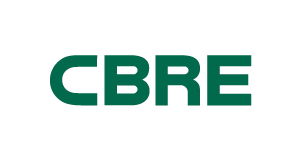 Green capital letters CBRE on a light gray background.