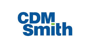 CDM Smith logo in bold blue letters, with a green bar over the letter i in Smith, on a light gray background.