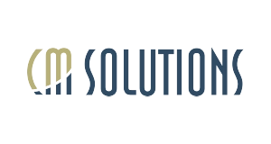 Logo with the text CM SOLUTIONS in tall blue letters. The CM is stylized, with a gold curved line partially crossing through the left side of the letters. The background is light gray.