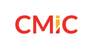 The image shows the letters CMiC in red font. The i is stylized with a yellow and white design on a light gray background.