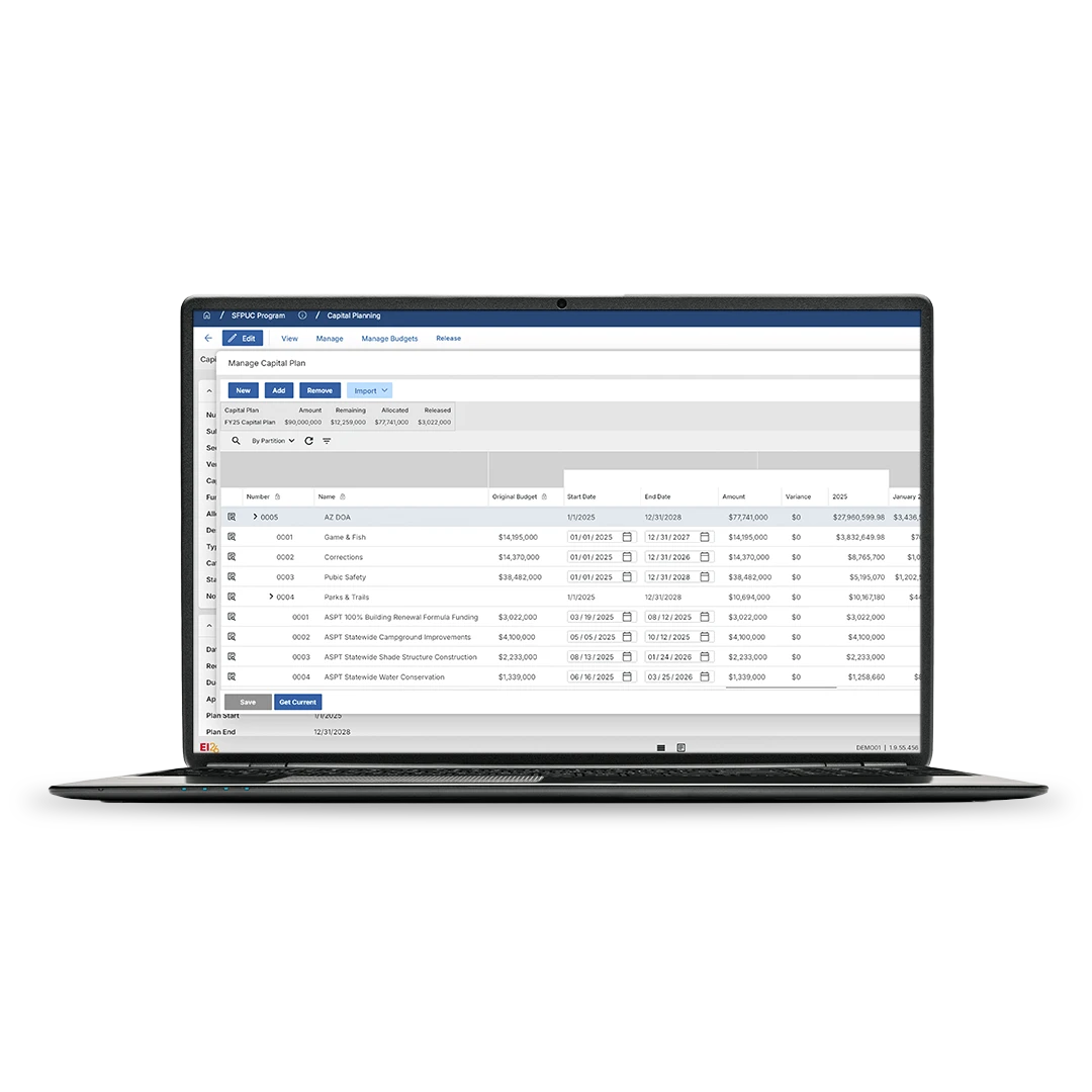 A laptop displaying a financial software dashboard with a table of contracts, budget details, vendors, start and end dates, and invoice amounts. The screen shows tabs for planning and reports.