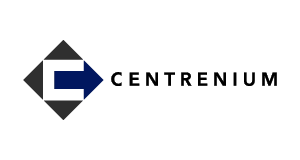 A geometric logo with a dark gray diamond, a white C shape, and a blue triangle. The word CENTRENIUM appears in black capital letters to the right of the logo on a light gray background.