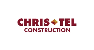 Chris-Tel Construction logo with CHRIS and TEL in bold red letters, separated by a gold diamond shape, and CONSTRUCTION below in red capital letters, all on a white background.