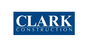 Clark Construction logo with CLARK in large white letters and CONSTRUCTION in smaller white letters beneath, all on a blue rectangular background.