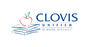 Clovis Unified School District logo featuring a red apple outline above three blue line-drawn books, with Clovis Unified School District written beside and beneath the images.