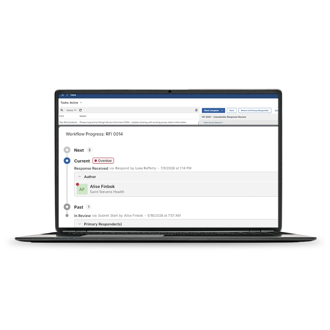 A laptop displays a workflow progress screen showing task status, assignees, and response dates. A red Overdue label is next to the current task, with past and next steps also visible.