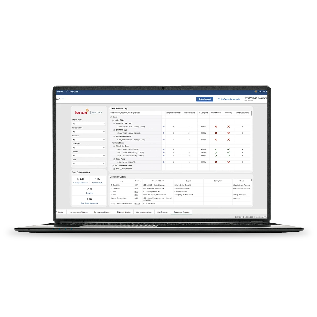 A laptop displays a detailed data analytics dashboard with tables, charts, checkmarks, and X symbols, along with statistics and document details on a white background.
