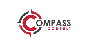 Logo for Compass Consult featuring a large red C with compass points around it, followed by the word OMPASS in gray and CONSULT in red below to the right.