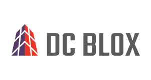 DC BLOX logo with a red and purple geometric building shape to the left of the company name in bold gray letters on a light background.