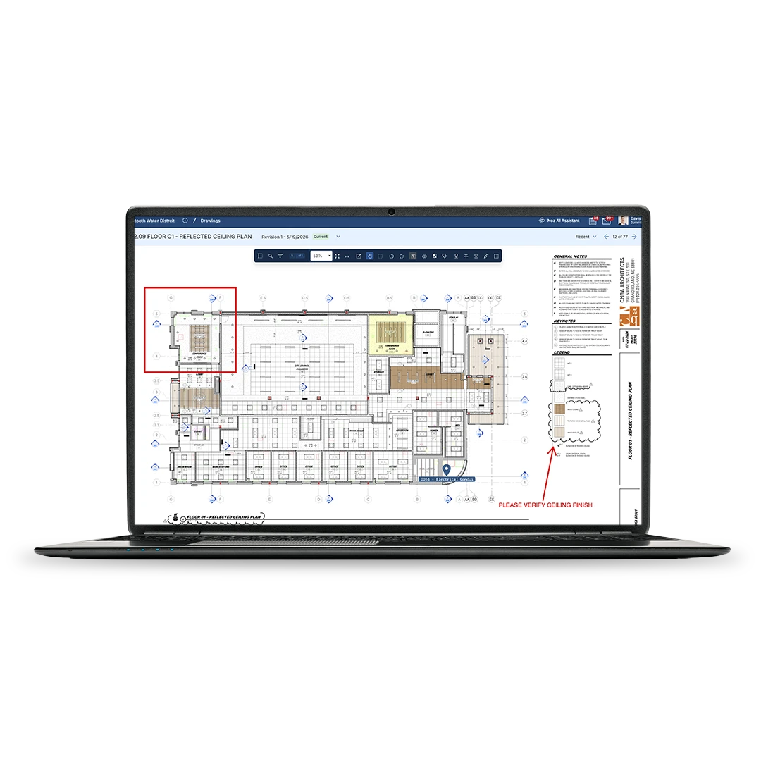 A laptop displays a detailed architectural floor plan with annotations and a red arrow pointing to a note reading “PLEASE VERIFY CEILING FINISH.” The interface shows various toolbar options and navigation panels.