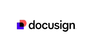 DocuSign logo featuring a red and blue abstract icon to the left of the brand name docusign in black lowercase letters on a light gray background.
