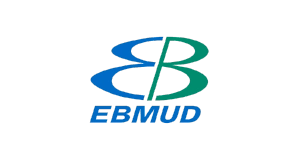 The EBMUD logo features blue and green curved lines forming an abstract shape above the blue text EBMUD on a light gray background.
