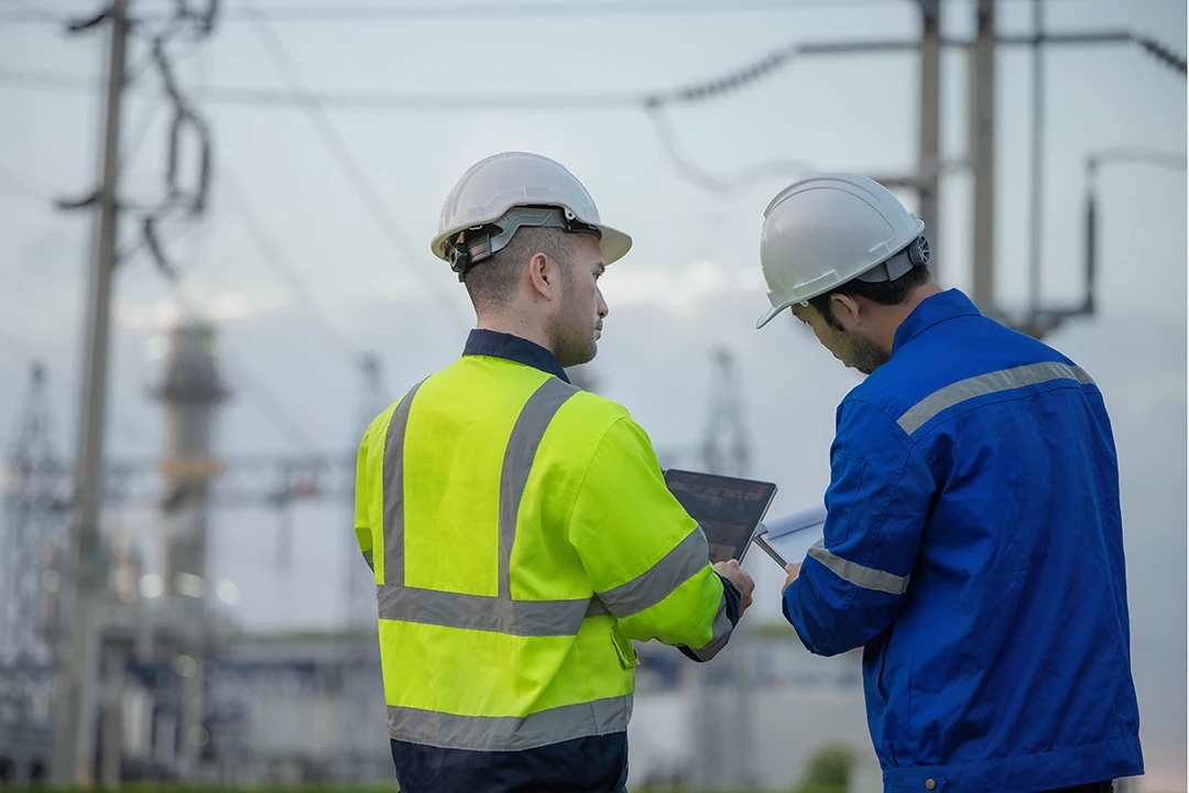 Two workers wearing safety helmets and high-visibility jackets are standing outdoors at an industrial facility, looking at a tablet together, with electrical infrastructure in the background.