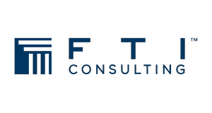 FTI Consulting logo featuring a blue square with vertical lines on the left and the text FTI CONSULTING in blue capital letters on a light gray background.