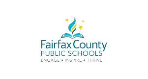 Fairfax County Public Schools logo with a blue and yellow book and flame design above the words ENGAGE • INSPIRE • THRIVE on a light background.