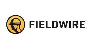 Fieldwire logo featuring a black silhouette of a construction worker in a hard hat inside a yellow circle, next to the word FIELDWIRE in bold black letters on a light gray background.