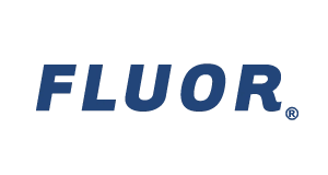 The image shows the Fluor logo, with the word FLUOR in bold, blue capital letters on a light gray background.