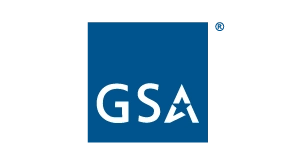 Blue square with white letters GSA in the center. The A has a star shape cutout. A small registered trademark symbol appears in the top right corner of the square.