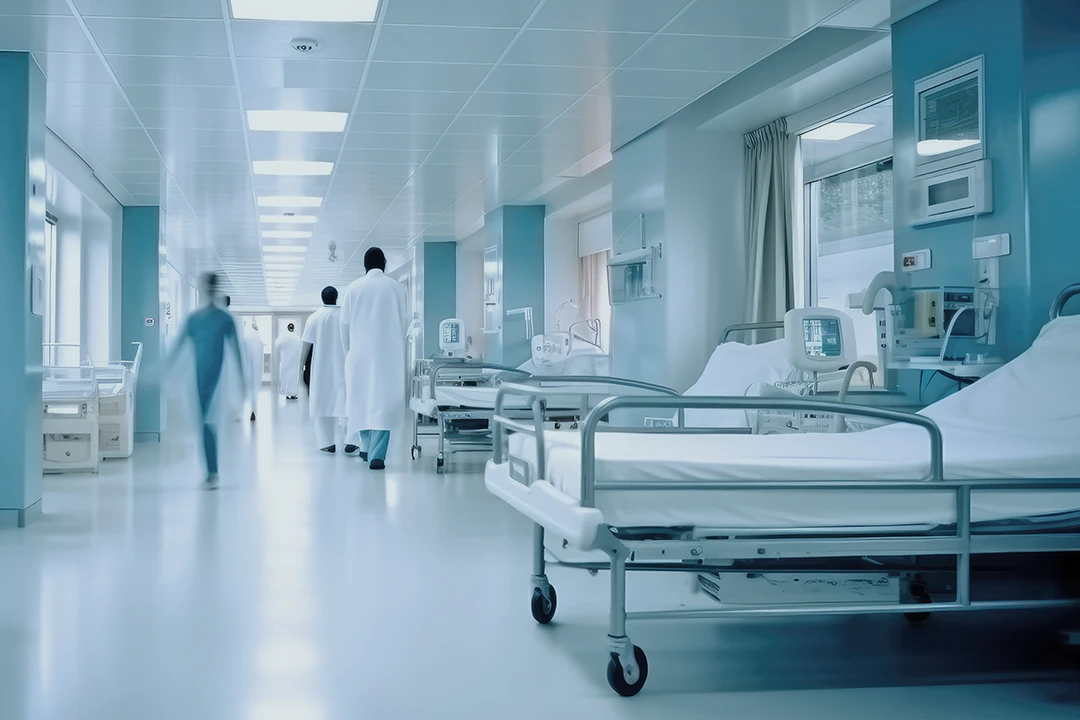 A modern hospital corridor with empty beds, medical equipment, and healthcare professionals in white coats and scrubs walking away from the camera. The atmosphere is clean, bright, and clinical.
