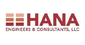 Logo for HANA Engineers & Consultants, LLC, featuring four stacked horizontal bars in shades of red and tan to the left of the company name in bold red letters.