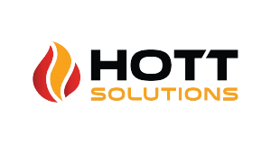 Logo for Hott Solutions. The design features a stylized flame icon on the left, with HOTT in bold black text and SOLUTIONS in orange below it, all on a light background.