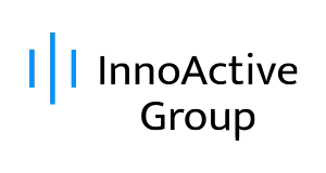 Logo with three vertical blue lines of varying heights next to the black text InnoActive Group on a light gray background.