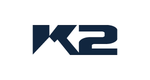Bold, dark blue K2 logo on a light gray background. The K merges seamlessly into the 2, creating a modern, geometric design.