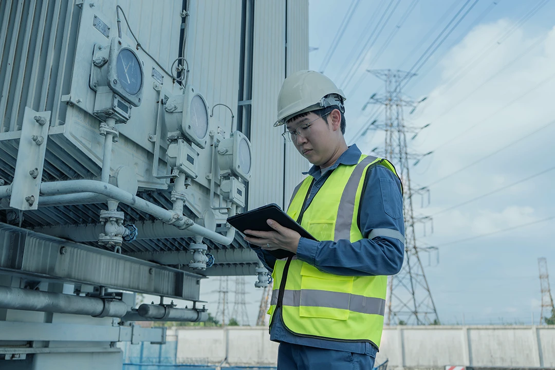 An engineer in a hard hat and safety vest inspects industrial equipment outdoors, using a tablet. Power lines and electrical infrastructure are visible in the background under a blue sky.