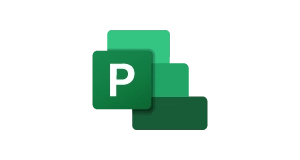Microsoft Project logo featuring three overlapping green rectangles of varying shades, with a white P on the front rectangle.