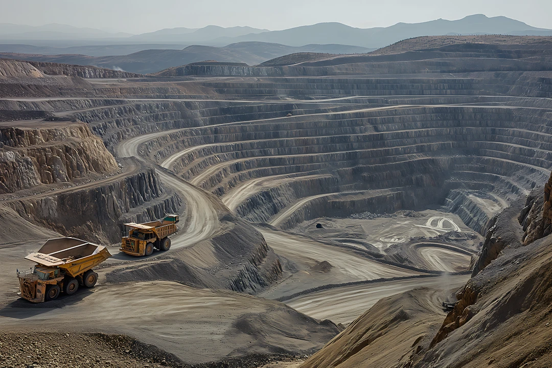 Two large dump trucks drive along winding roads inside a massive open-pit mine with terraced, rocky walls and distant mountains in the background under a hazy sky.