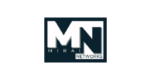 Logo for Mirai Networks with large, bold white letters MN and the words MIRAI NETWORKS in smaller font below, set against a dark rectangular background.