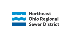 Logo of the Northeast Ohio Regional Sewer District featuring three blue wavy lines on the left and the organizations name in black text to the right.