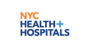 NYC Health + Hospitals logo with NYC in orange and HEALTH + HOSPITALS in blue on a light gray background.