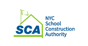 NYC School Construction Authority logo with a green outline of a house, SCA in blue letters inside, and the organizations name to the right in blue text.