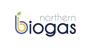Northern Biogas logo with biogas in bold blue letters, a leaf on the b, and northern in light gray above “ogas.” The design emphasizes sustainability and clean energy.