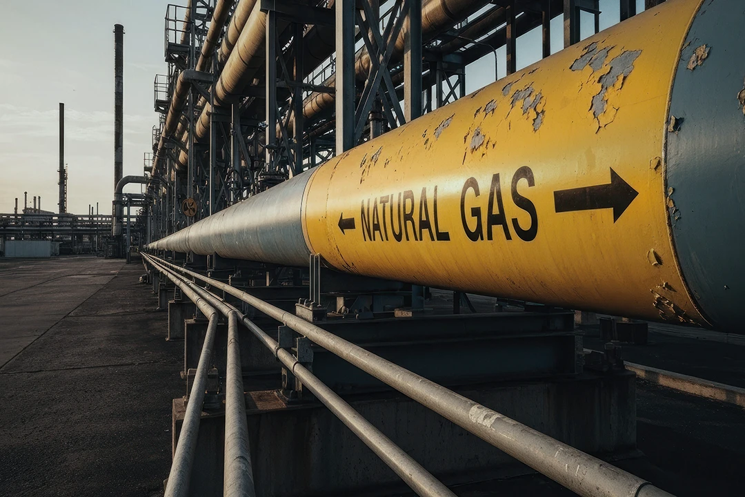 A large yellow pipeline labeled NATURAL GAS with black arrows runs through an industrial facility, surrounded by metal structures and additional pipes under a partly cloudy sky.