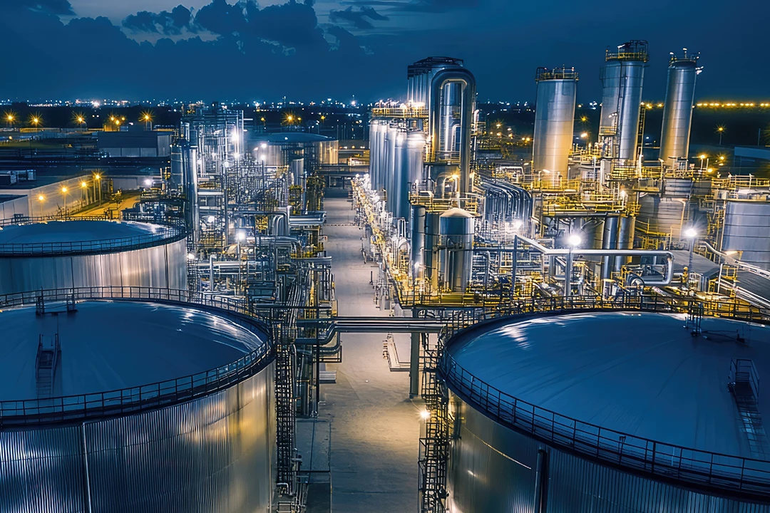 An illuminated industrial refinery complex at night, featuring large cylindrical tanks, many pipes, and tall structures, with city lights visible in the distant background.