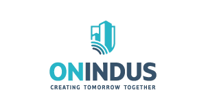 OnIndus logo with a blue cityscape graphic above the words ONINDUS and the tagline Creating Tomorrow Together on a light background.